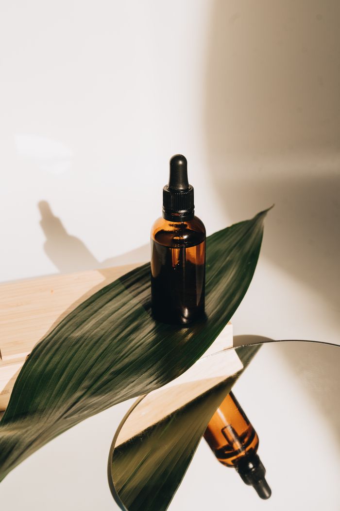 Stylish skincare dropper bottle with large leaf on reflective surface, ideal for beauty product advertising.